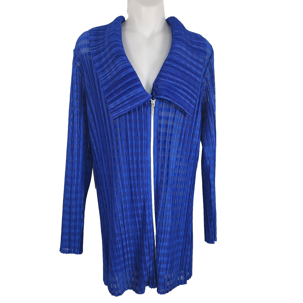 Chico's Travelers Collection Womens Jacket M Blue Mesh Pleated Full Zip Colllar